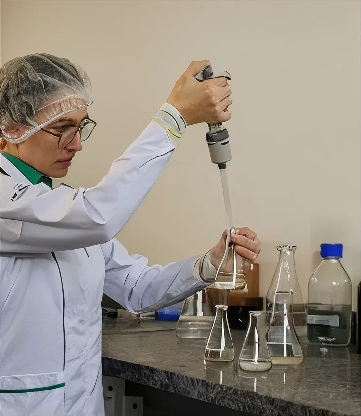 Técnica pipetando amostra no laboratório