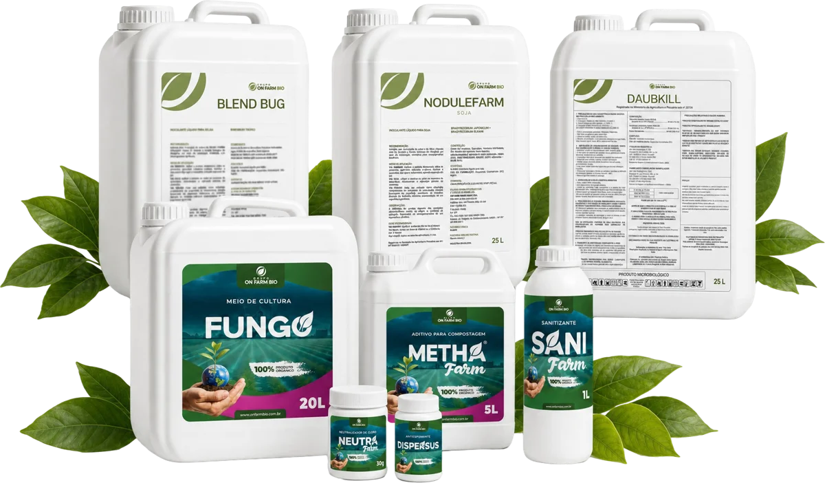 Kanister und Kits von On Farm Bio: Blend Bug, NoduleFarm, Daubkill, Nährmedium Fungo, MethaFarm und SaniFarm