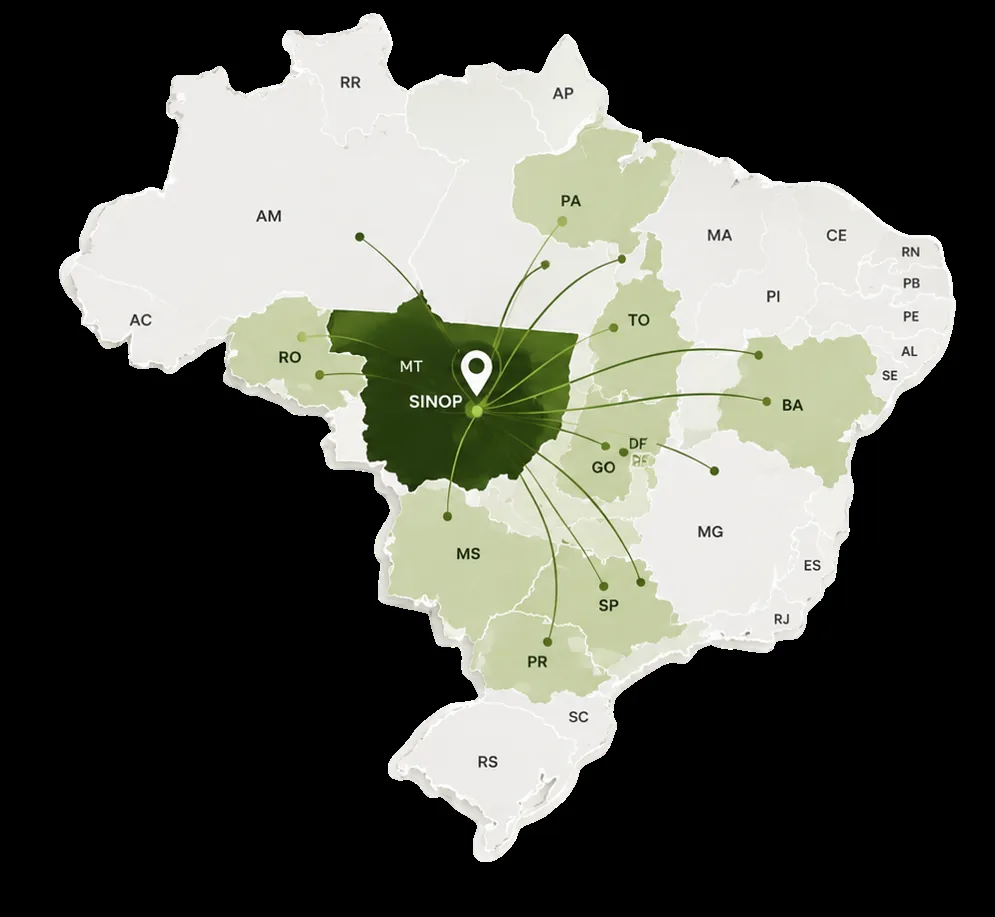Mapa do Brasil com a sede em Sinop, Mato Grosso, em destaque